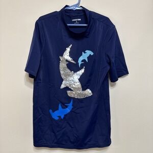 Lands Ends Kids M (10-12) Sequin Shark Swim Rash Guard Shirt EUC